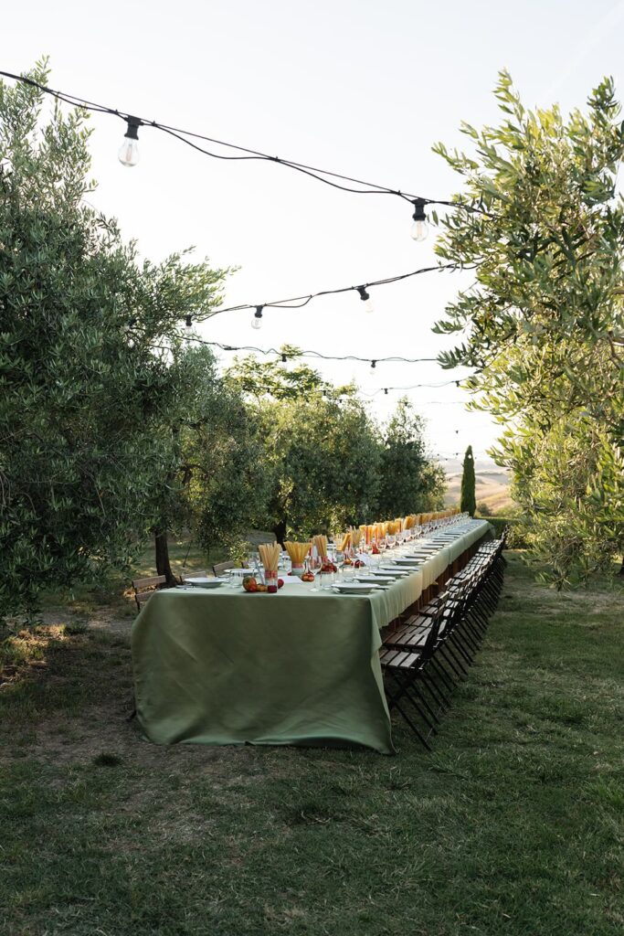 Lange rustikale Dinner-Tafel mit grüner Tischdecke und italienischer Dekoration im Olivenhain einer Hochzeitslocation in Volterra.