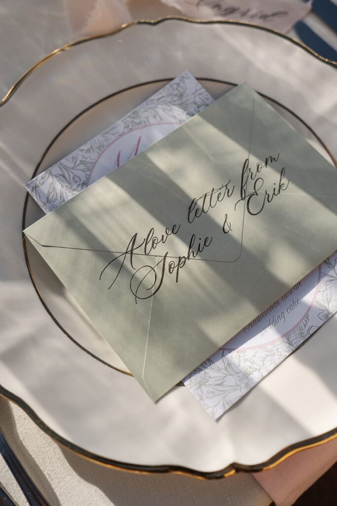 Detailaufnahme eines eleganten Hochzeitsgedecks mit personalisierter Papeterie auf einem weißen Teller.